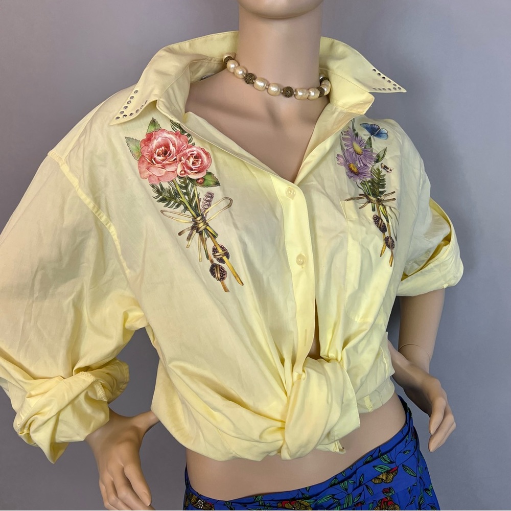 Doodle XXL summer long sleeve flowers print bright button up shirt top